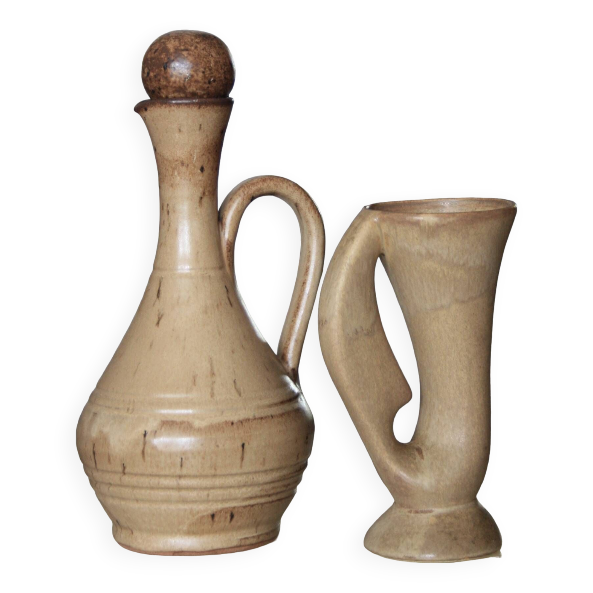 Set of 2 antique stoneware carafes/pitchers