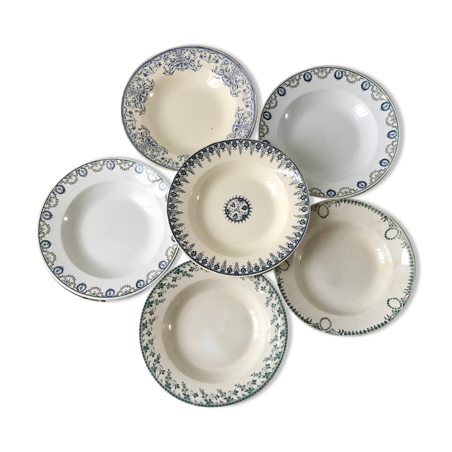 Set of 6 hollow plates Terre de Fer mismatched late nineteenth