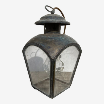 Suspension lanterne ancienne en laiton et verre
