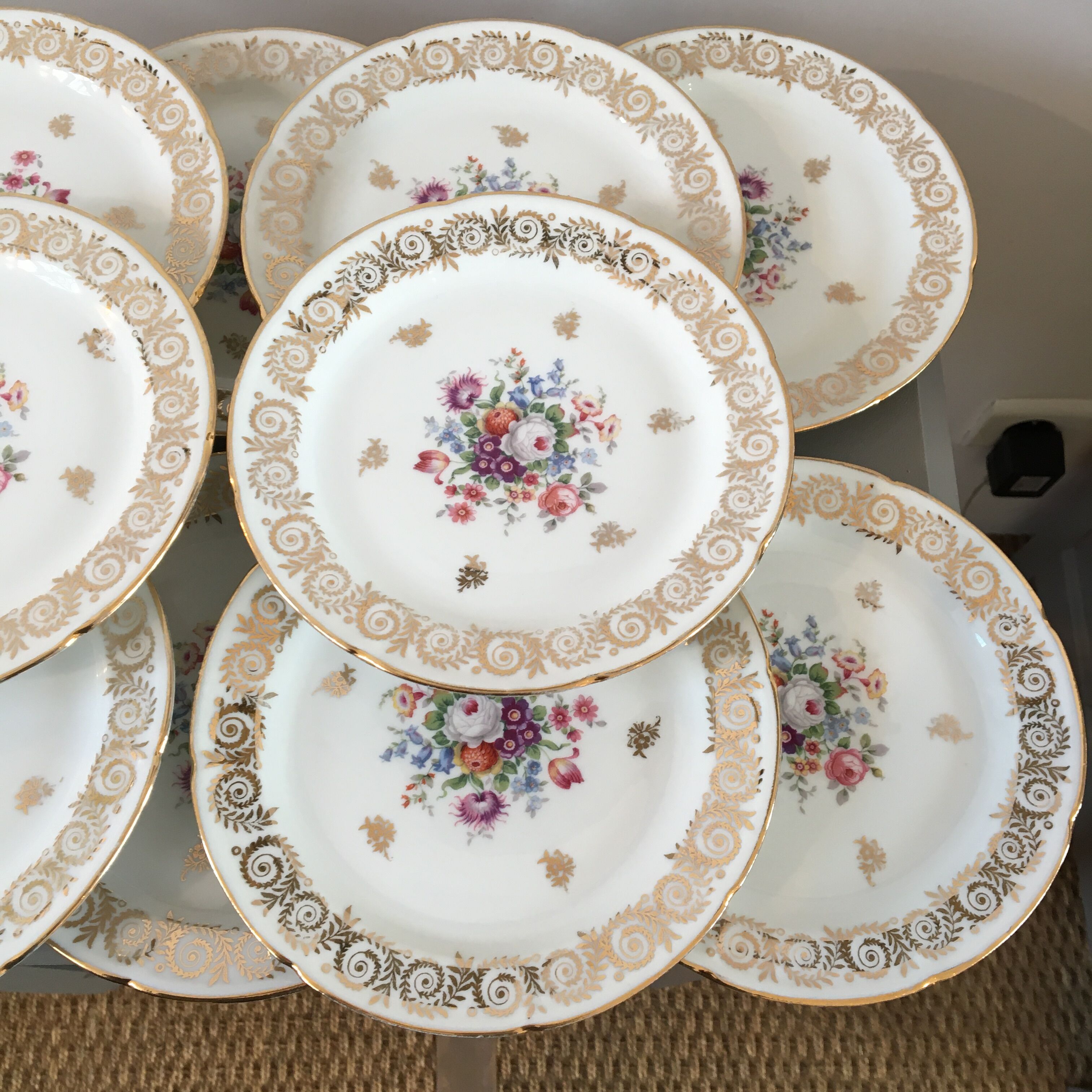 Set 12 plates dessert porcelain flowers and gilding