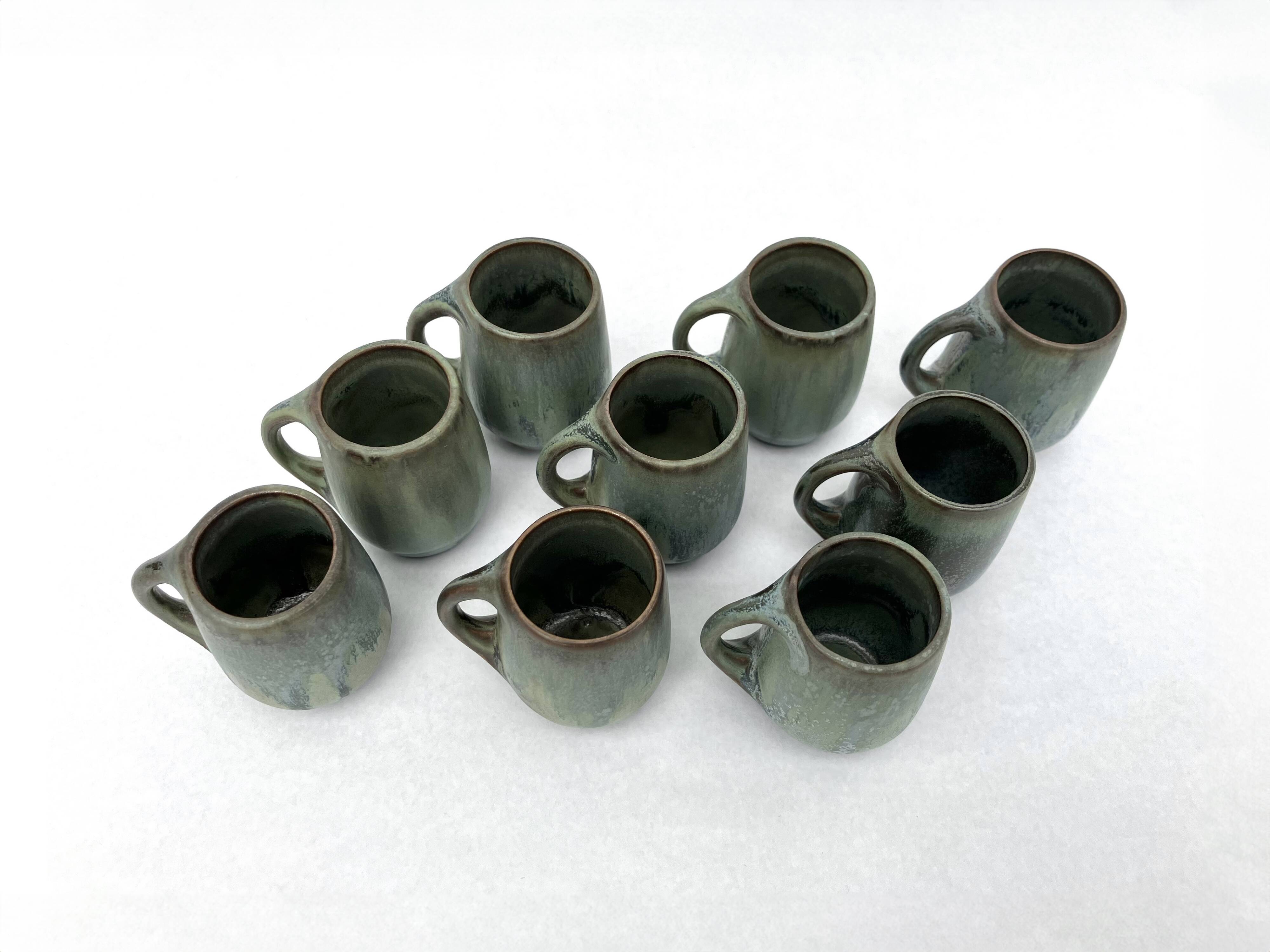 9 small denbac ceramic/flamed stoneware cups/glasses/mugs/liquor mugs • art deco • 1930