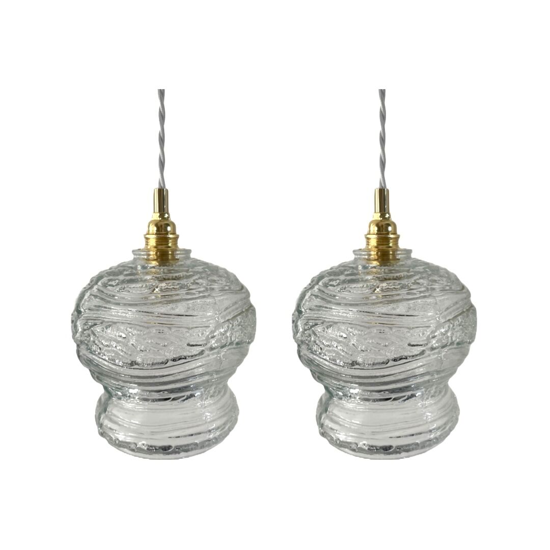 Set of two vintage electrified glass pendant lamps