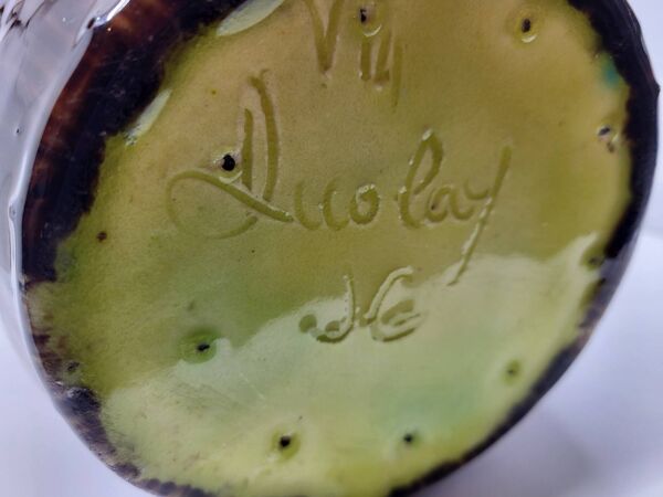 Vase Accolay signé J C en céramique Marron, Bleu France Vintage Design 1960