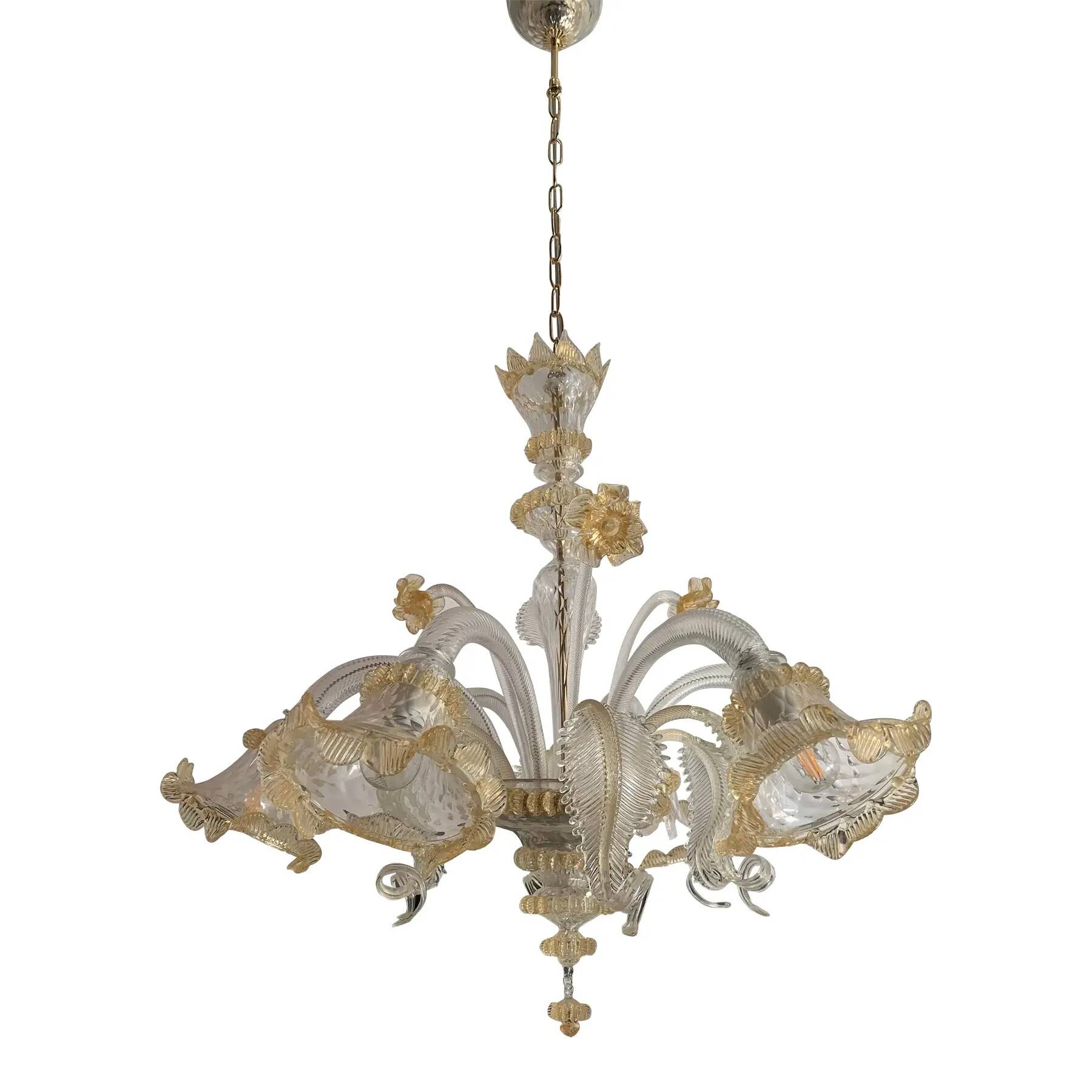 Venetian Murano-Style Glass Chandelier in Transparent and Gold with Flowers