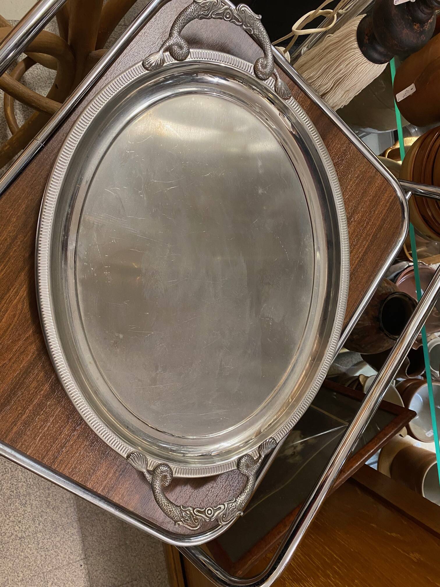 Large jean couzon stainless steel serving tray with fish decor handles