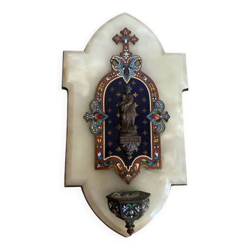 Very beautiful holy water font in cloisonné enamel on marble