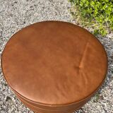 Large round cognac leather pouf