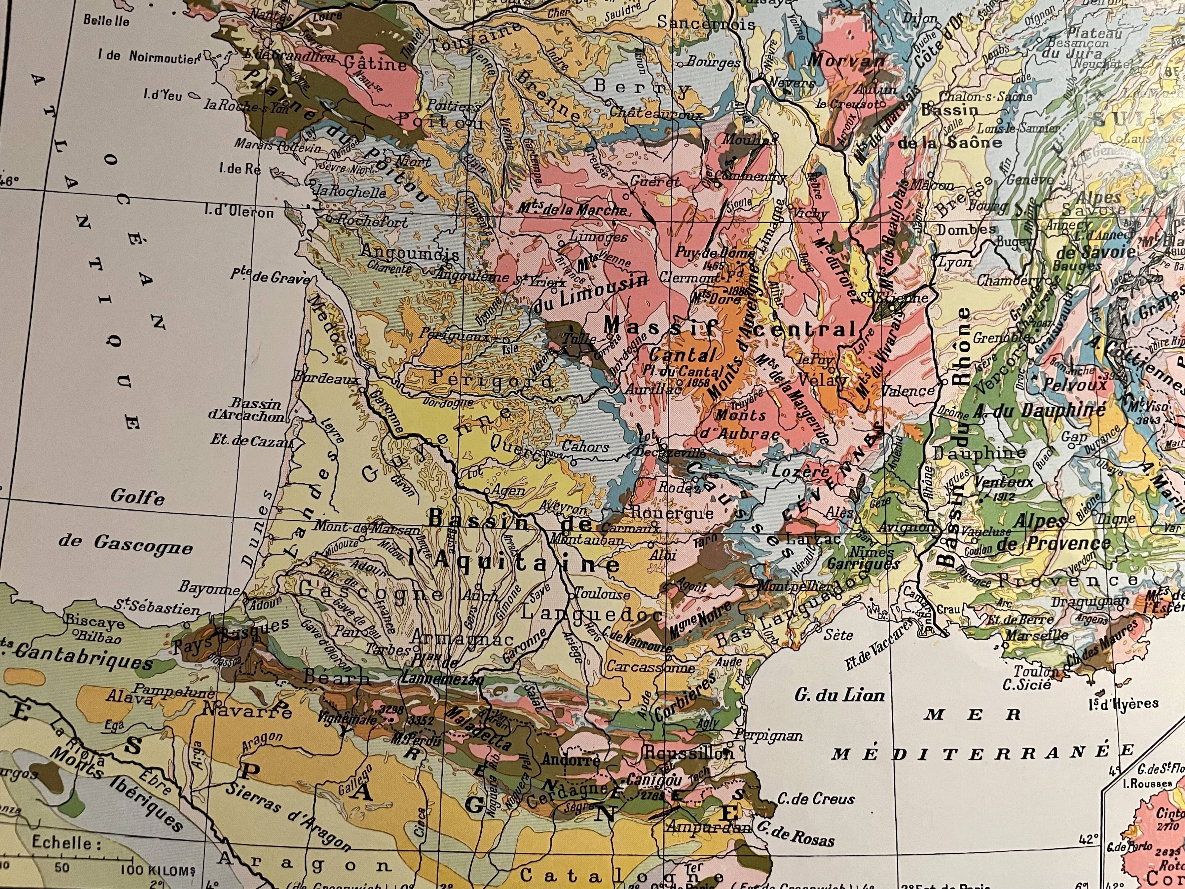 Old geological France map from 1928