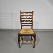 Set of 4 oak, rustic, farmhouse, ladderback dining chairs with rush seats 1960s