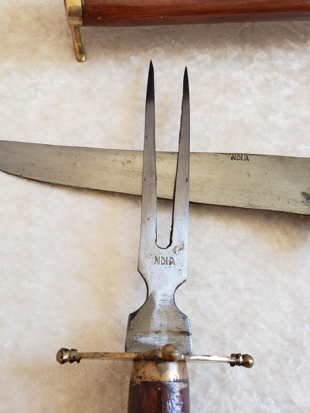 Vintage cutting service with knife and fork in wooden sheath