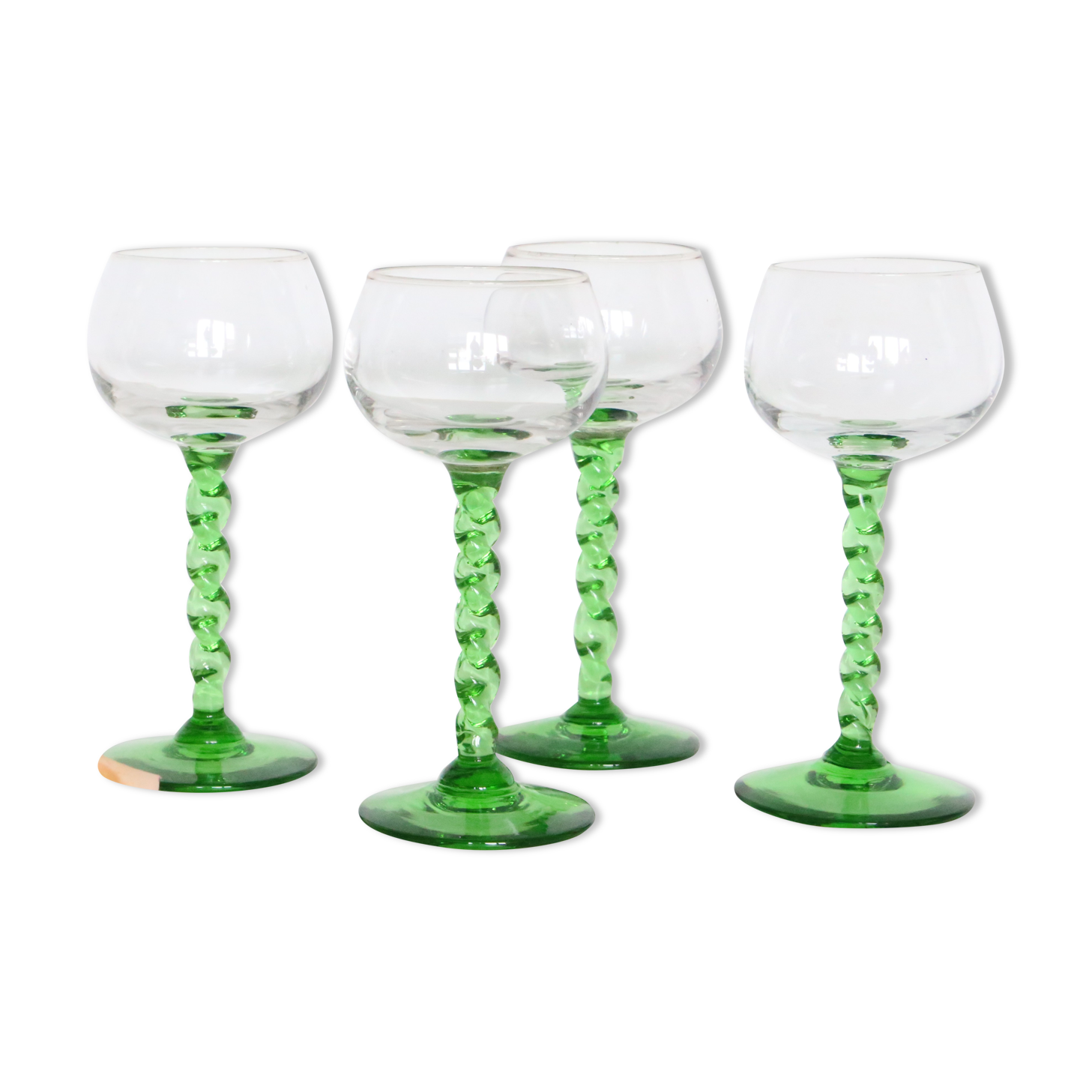 Set de 4 verres à vin blanc, pied vert, Français, vintage