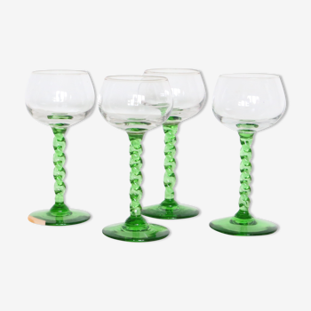 Set de 4 verres à vin blanc, pied vert, Français, vintage