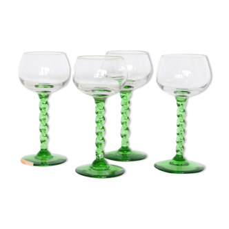 Set of 4 glasses with white wine, green foot, French, vintage