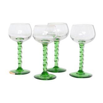 Set de 4 verres à vin blanc, pied vert, Français, vintage