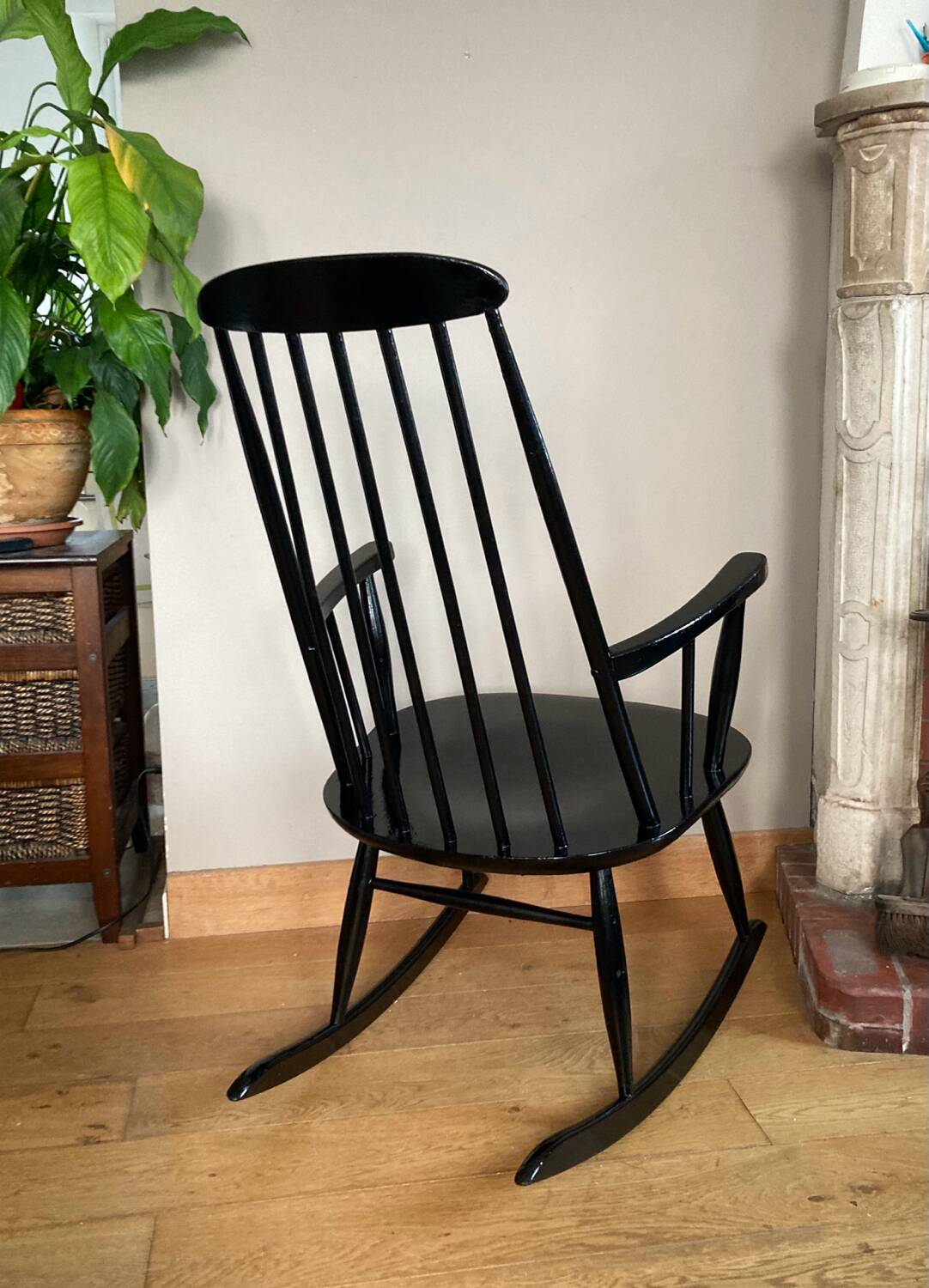 Vintage Scandinavian rocking chair in blackened wood from the 1970s