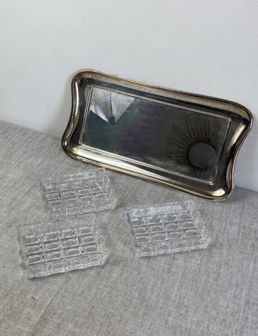 Silver-plated metal and glass hors d'oeuvre tray