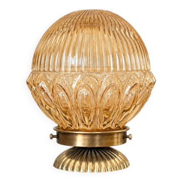 Hot air balloon — Vintage table lamp in sculpted amber glass and brass
