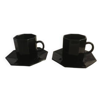 2 tasses + soucoupes Arcoroc Octime noir Esso collection