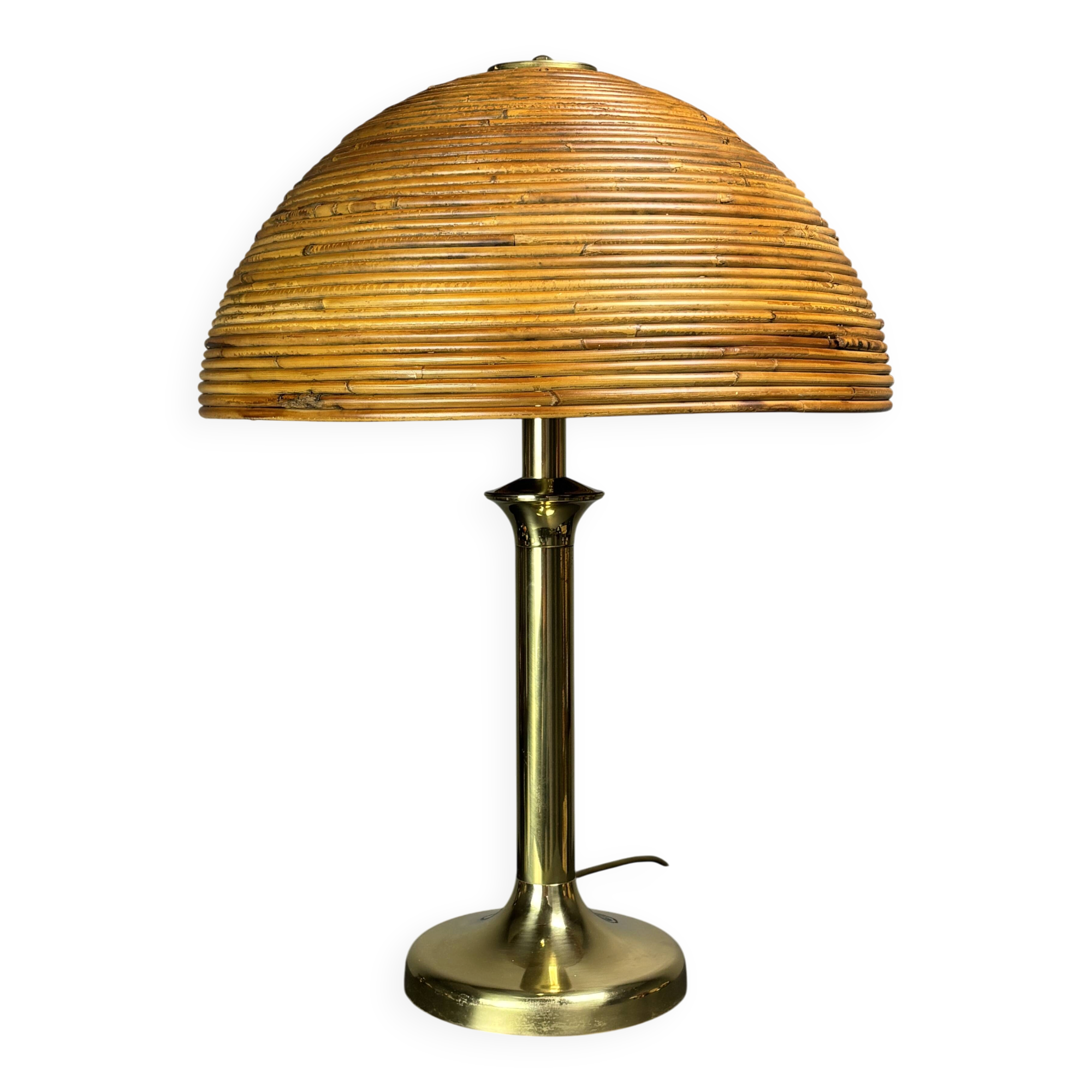 Italian midcentury pencil reed rattan brass Fungo mushroom table lamp 1970s