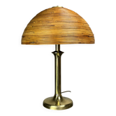 Italian midcentury pencil reed rattan brass Fungo mushroom table lamp 1970s