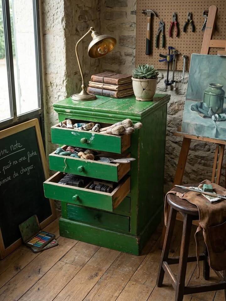 Vintage workshop furniture with 6 green drawers.