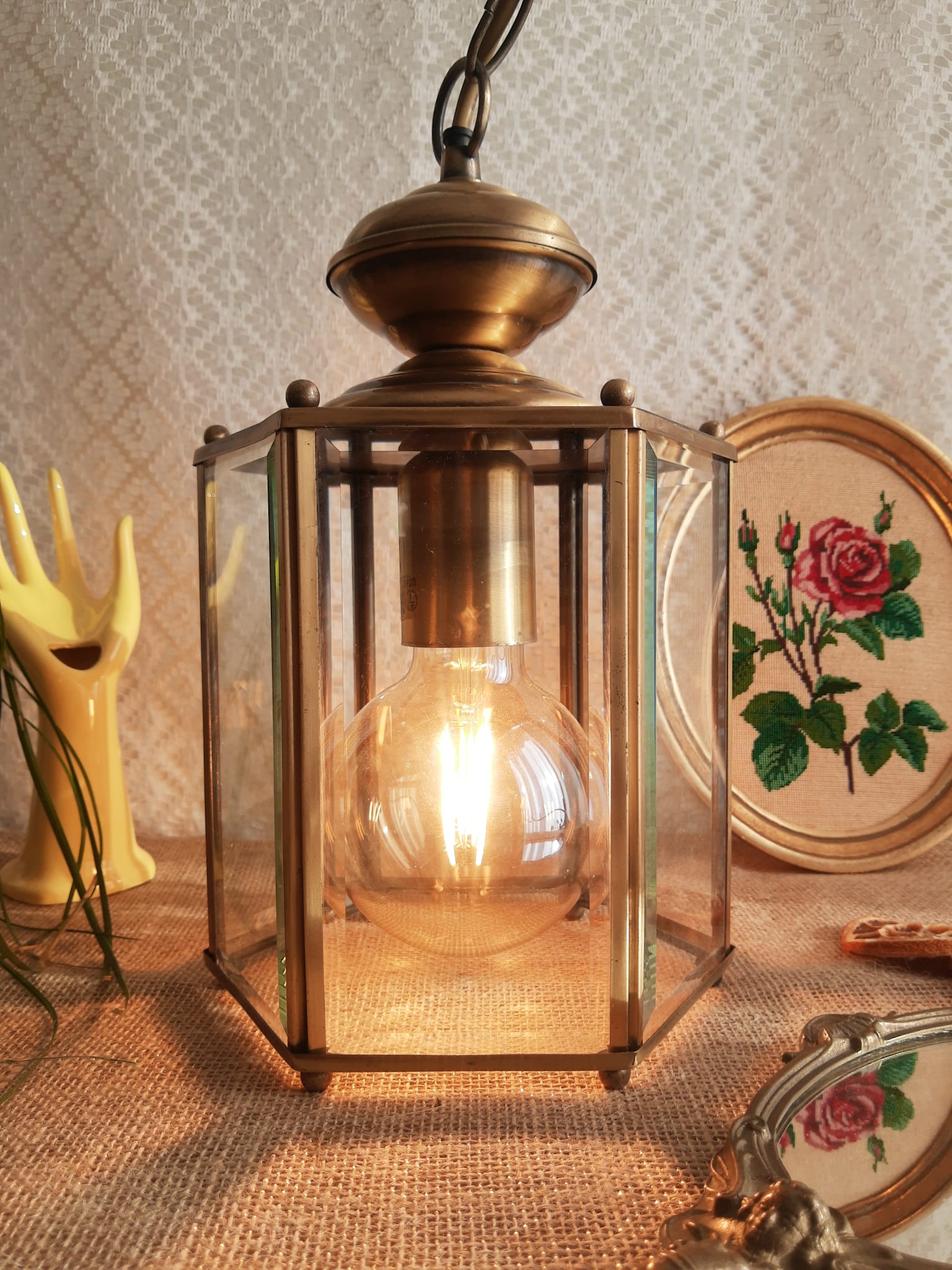 Brass and glass lantern pendant/chandelier - vintage