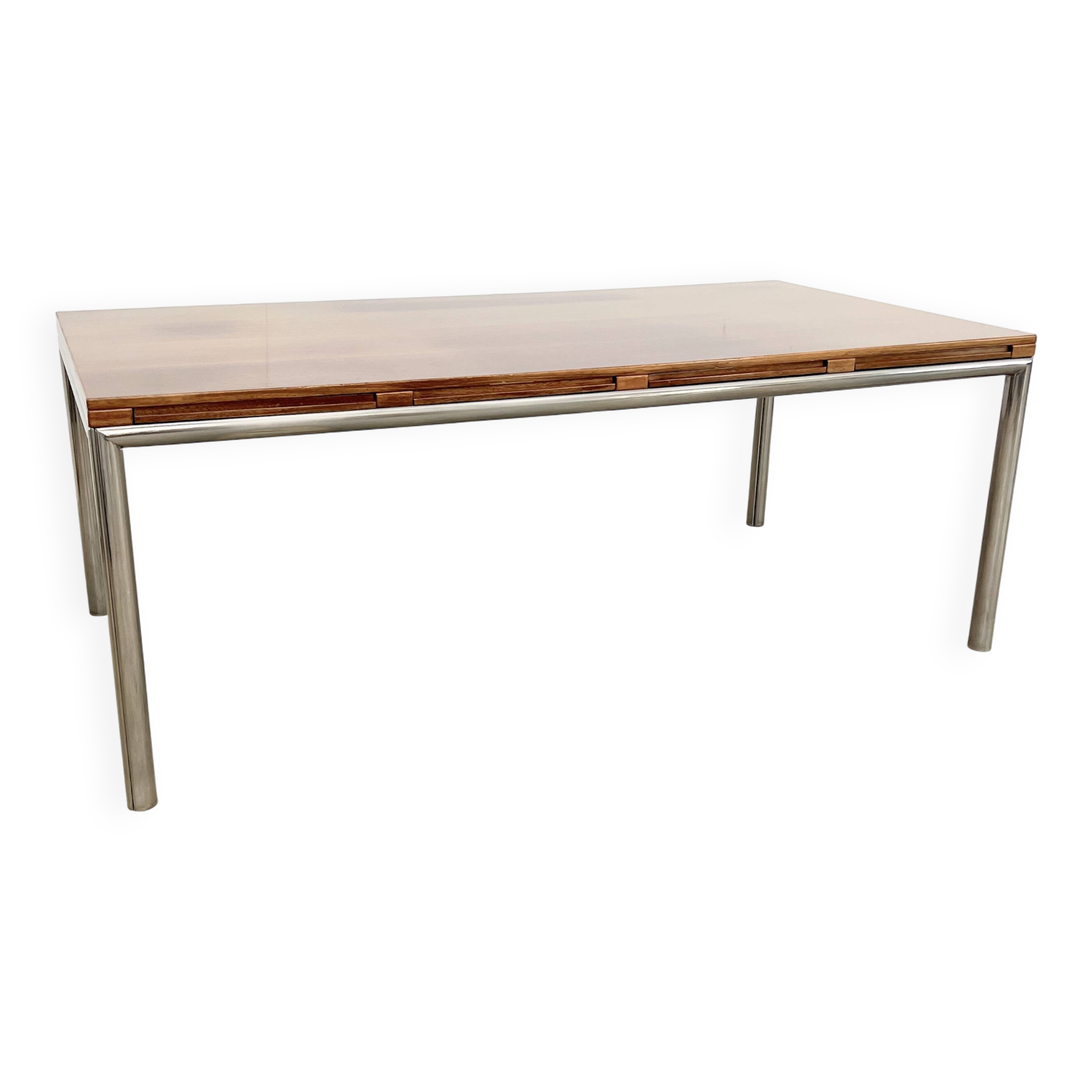 Italian walnut and chrome dining table with 4 drawers