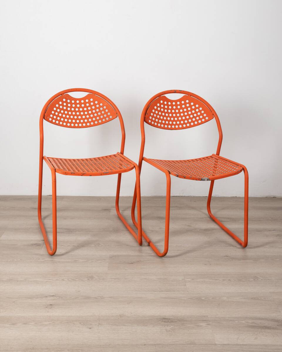 Pair of vintage red garden chairs from the 70s, italian design