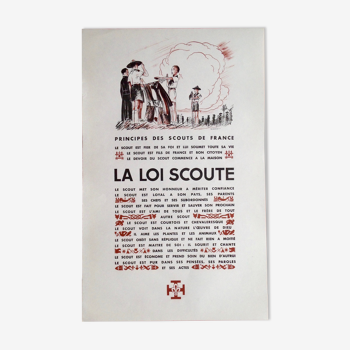 Affiche ancienne originale, la loi scoute, principe des scoute de France, 48,5 x 31cm