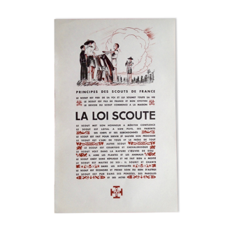 Affiche ancienne originale, la loi scoute, principe des scoute de France, 48,5 x 31cm