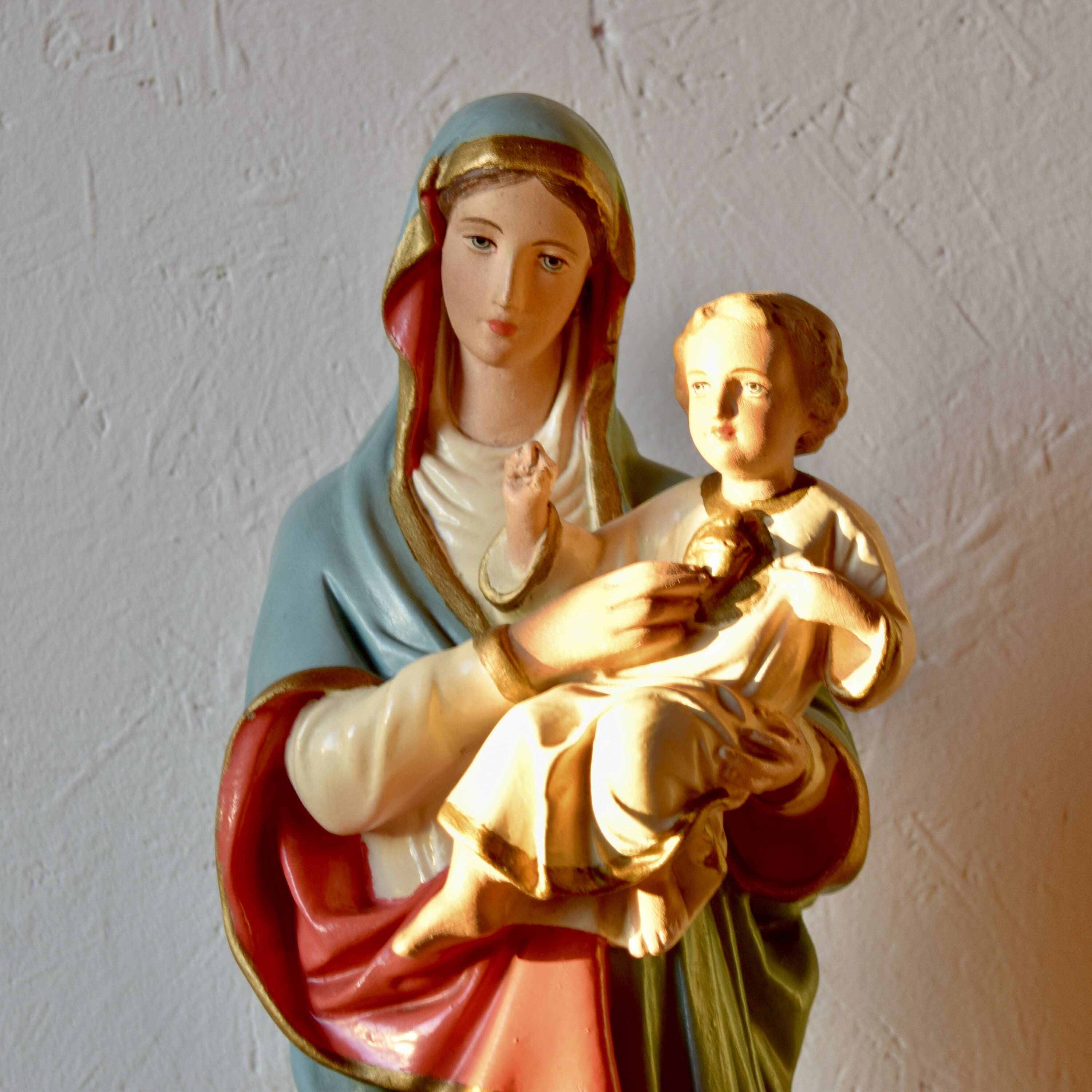 Ancient plaster statue of the Virgin and Child Jesus - hand painted - 54 cm - 1936