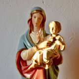 Ancient plaster statue of the Virgin and Child Jesus - hand painted - 54 cm - 1936