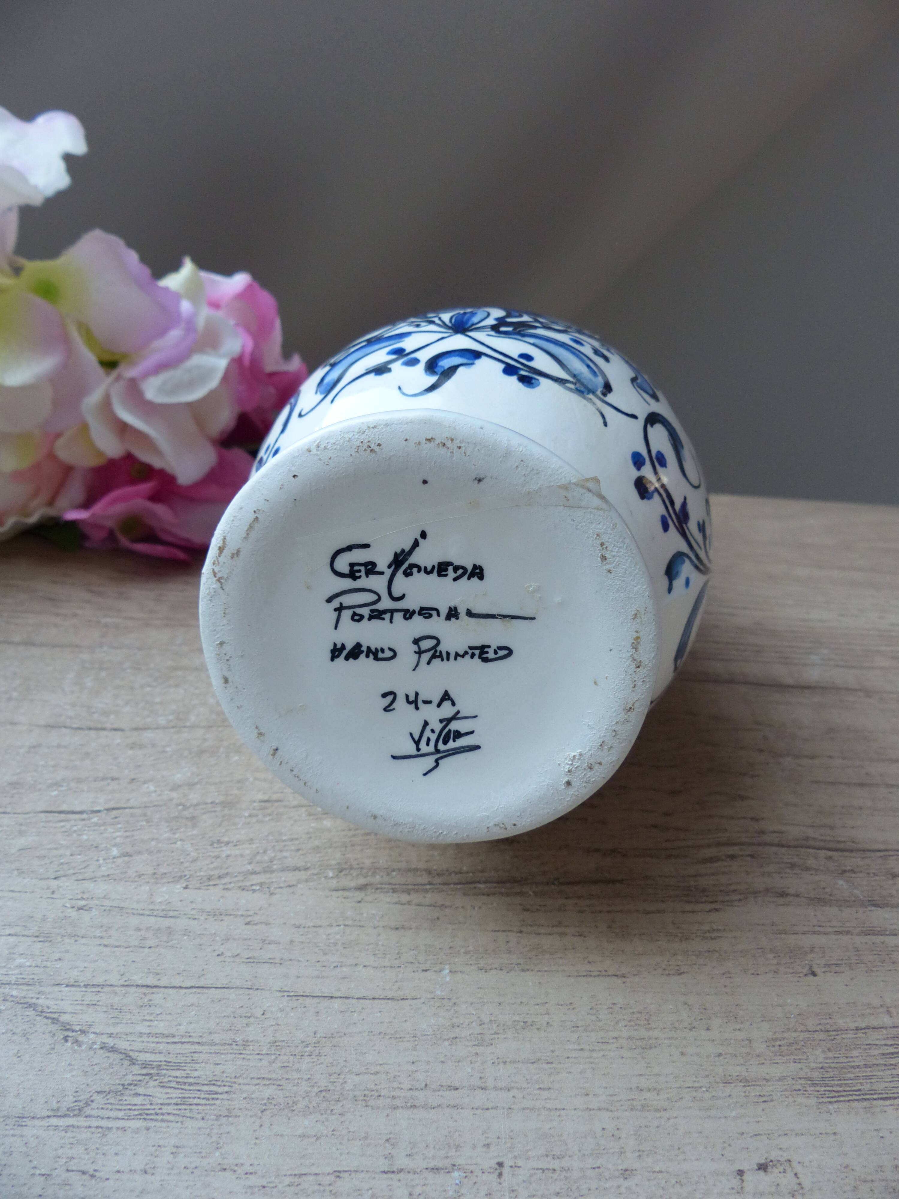 Ceramic Vase Bird Blue Hand-Painted Portugal