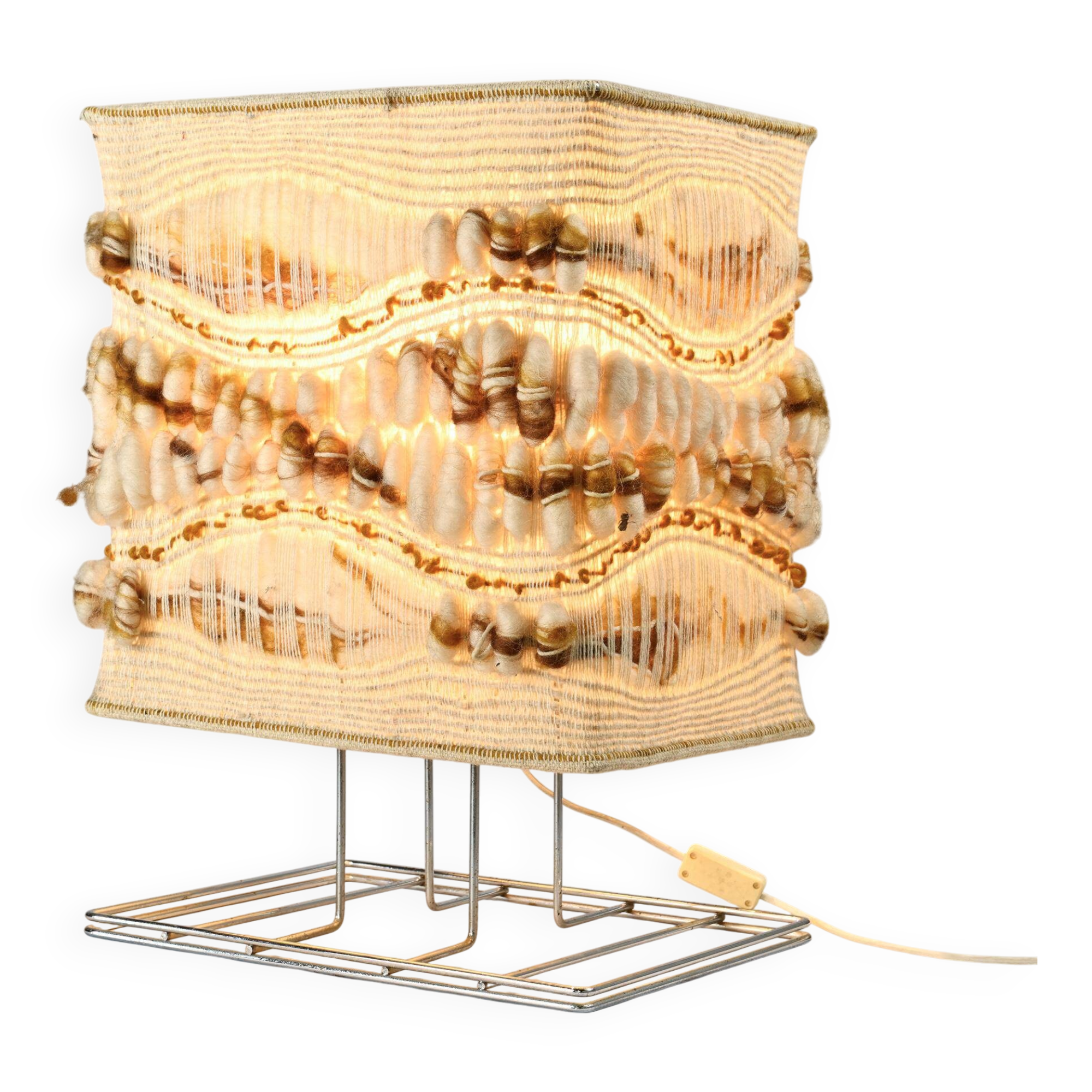 Woven textile and chrome metal table lamp by Max Sauze, circa 1970.