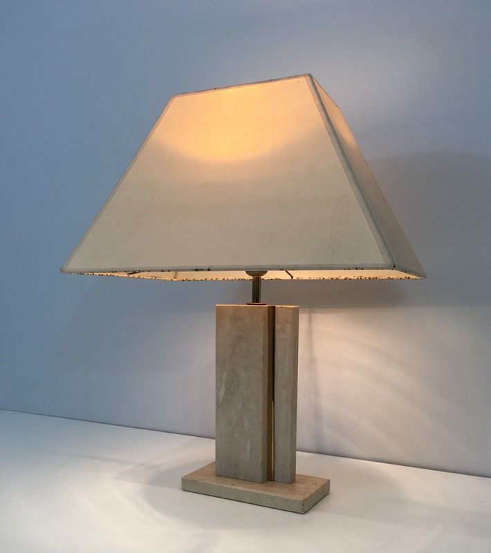 Travertine and brass lamp with original lampshades