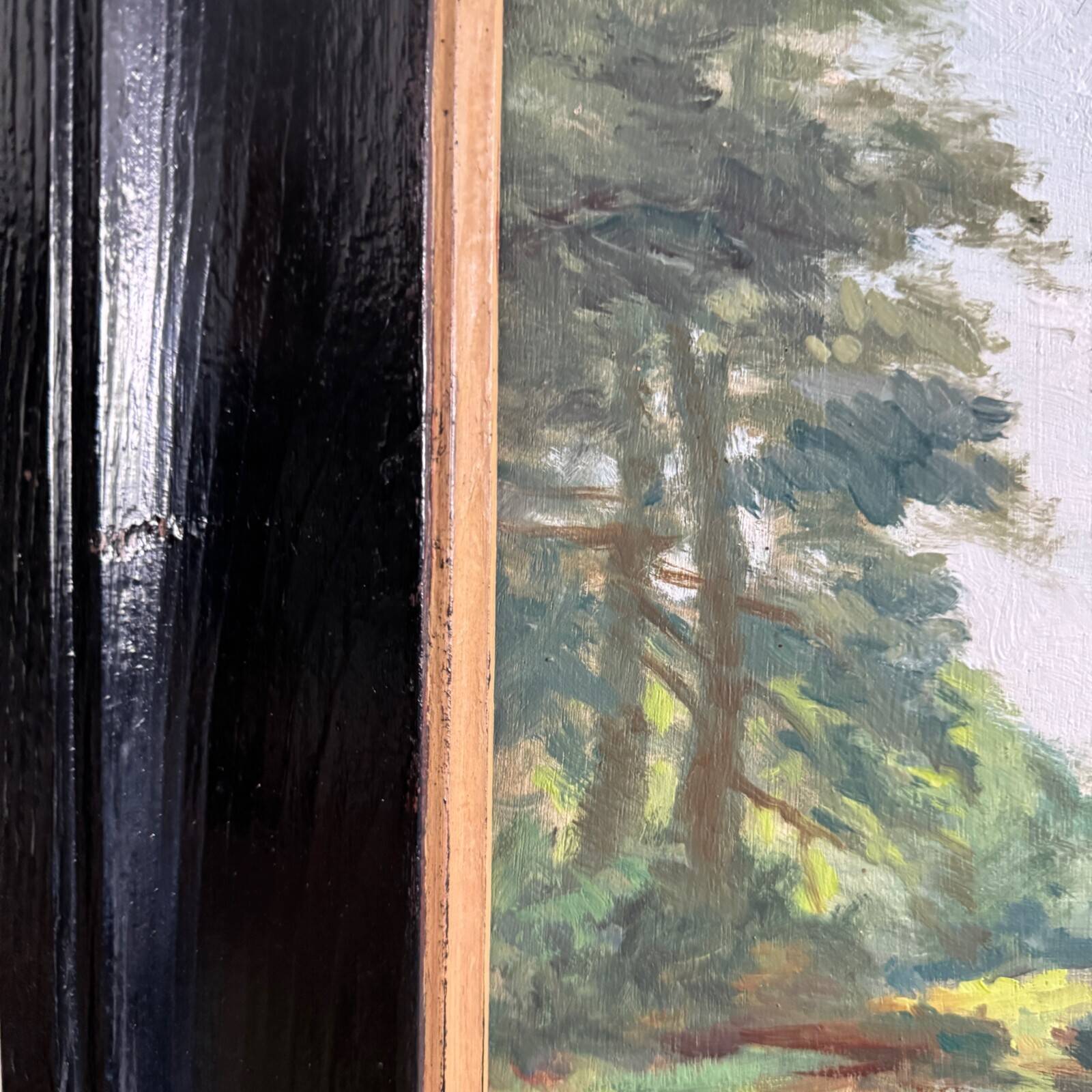 Oil on panel 20th century watercourse trees in bloom blackened wooden frame