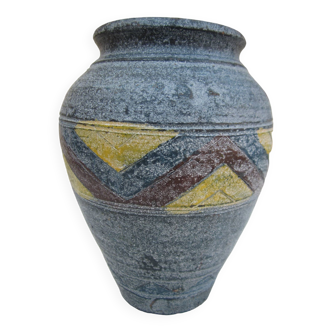 Poterie, vase en terre cuite couleur pastel bleu et jaune