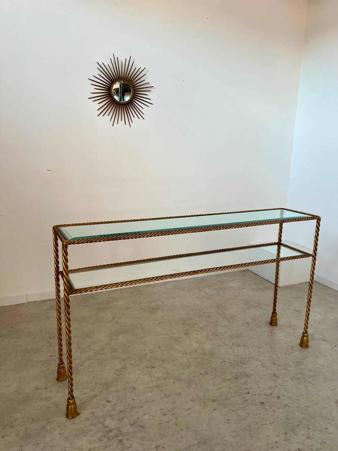 Antique console table in twisted gilded brass and glass Italian design from the 60s vintage table