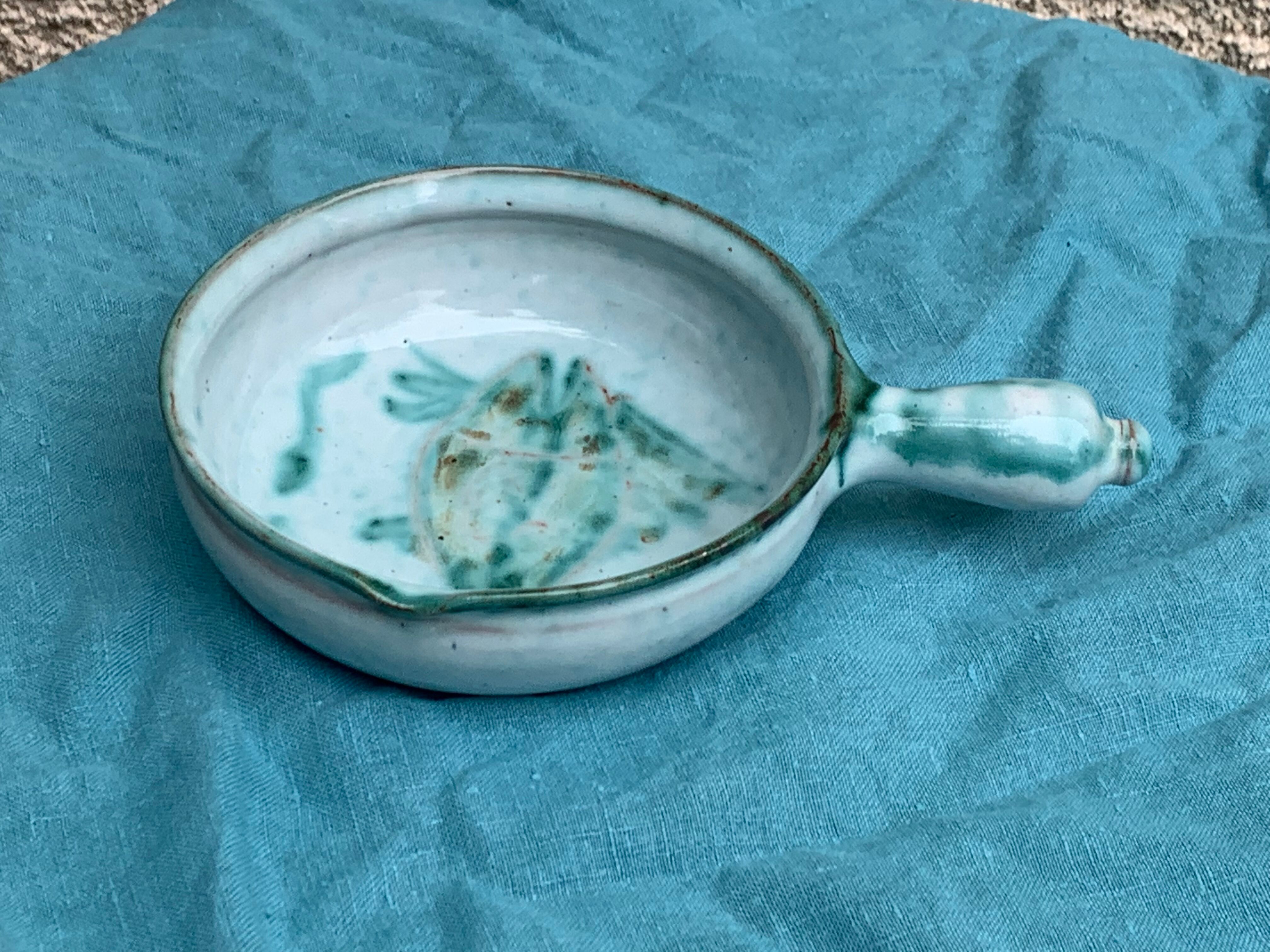 Caquelon, pan sign Humbert pittari vallauris model with blue glazed ceramic fish