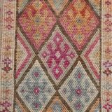 Tapis couloir kilim vintage, Tons pastel rose, bleu et beige, 94x409
