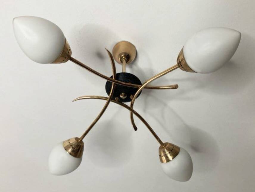 Four-light pendant lamp, brass and opaline glass, Maison Arlus, Paris, vintage 1970s