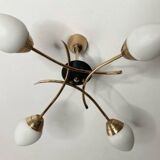 Four-light pendant lamp, brass and opaline glass, Maison Arlus, Paris, vintage 1970s