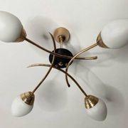Four-light pendant lamp, brass and opaline glass, Maison Arlus, Paris, vintage 1970s