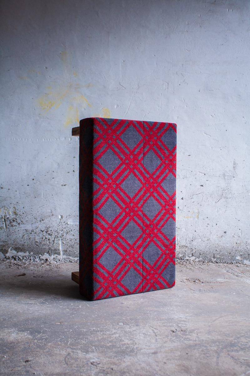 Large red and grey wool tartan upholstered bench with wooden frame