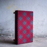 Large red and grey wool tartan upholstered bench with wooden frame