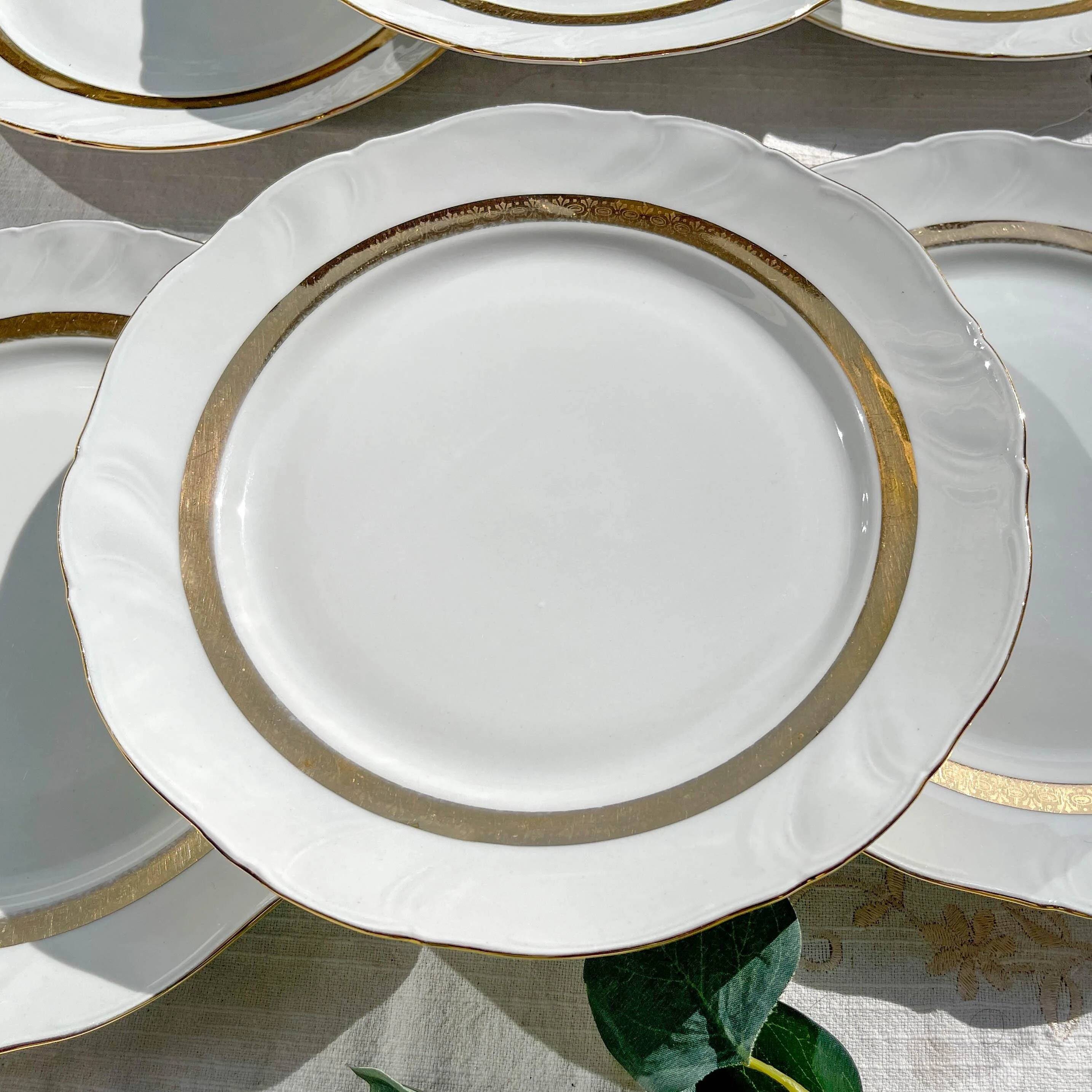 6 Vintage White and Gold Porcelain Dinner Plates Limoge France ADP "Ariane" - Elegant Antique French Tableware