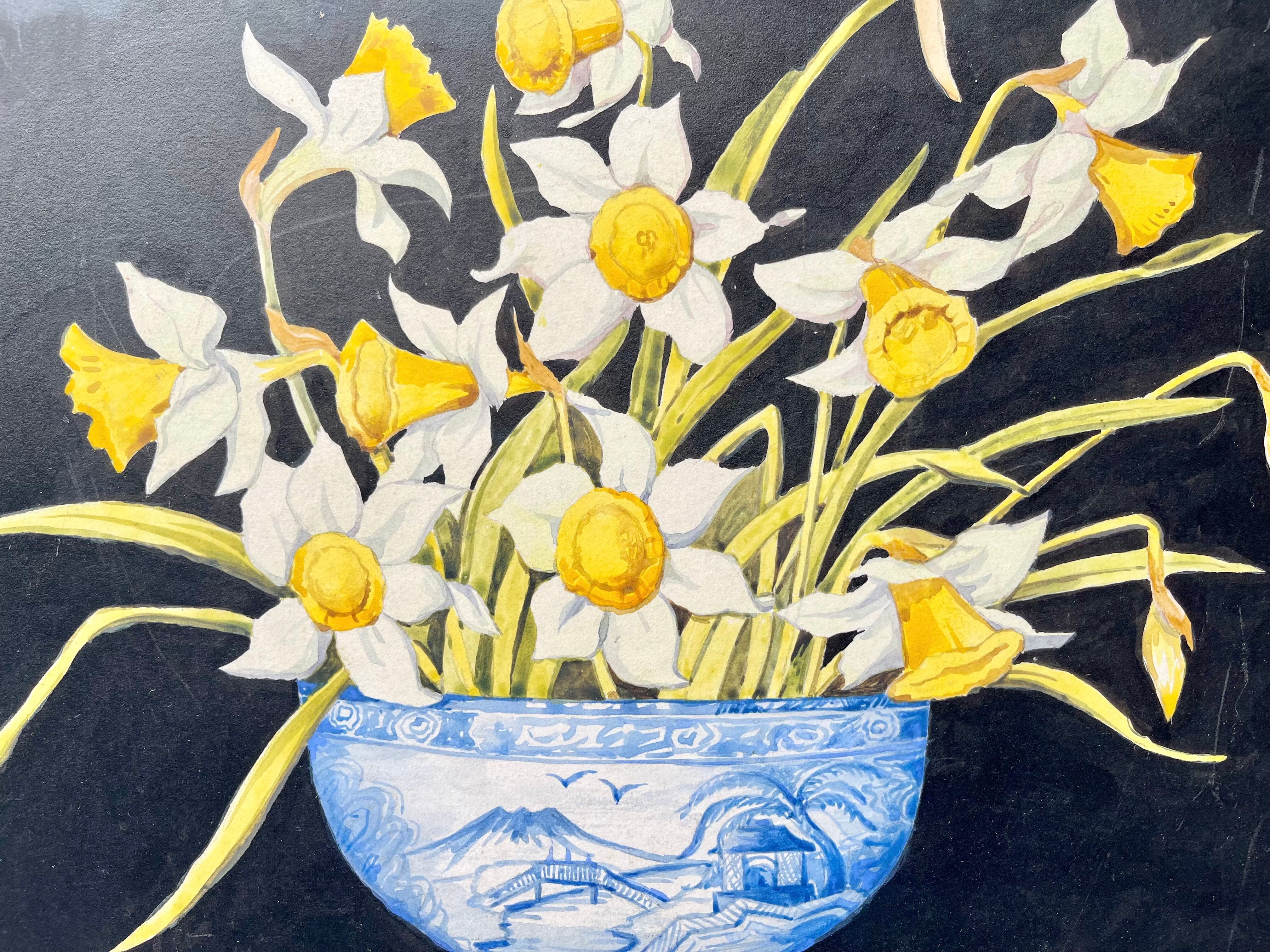 Early 20th Century Still Life Painting of Daffodils Black Frame