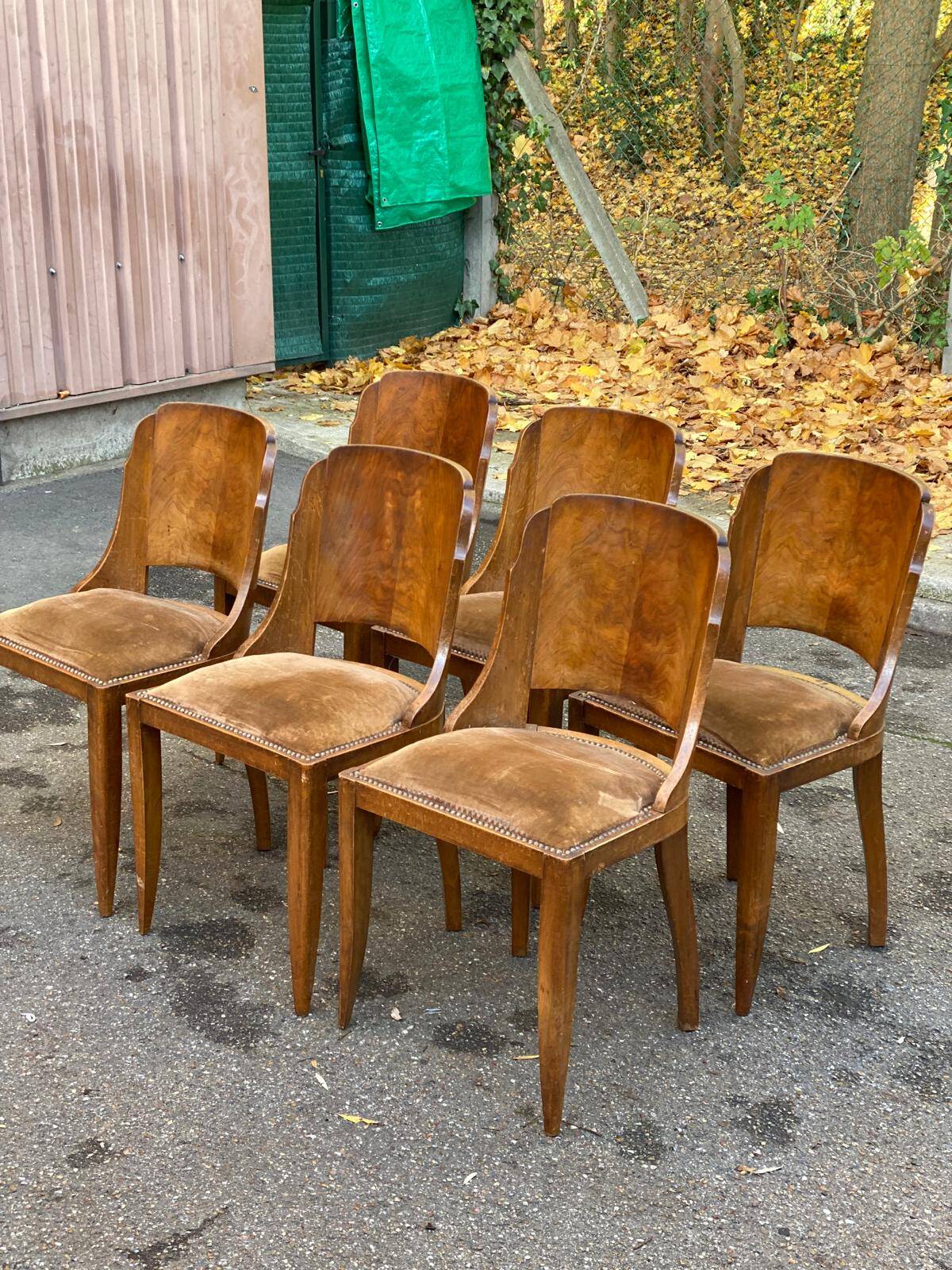 6 Art Deco gondola chairs in solid wood and brown suede
