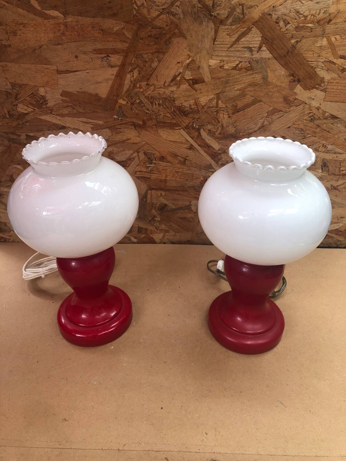 Pair of Old Red & White Opaline Bedside Lamps 1970s Vintage #A982