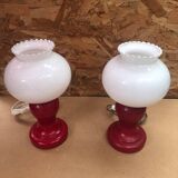 Paire Ancienne Lampe De Chevet Opaline Rouge & Blanc Années 70 Vintage #A982